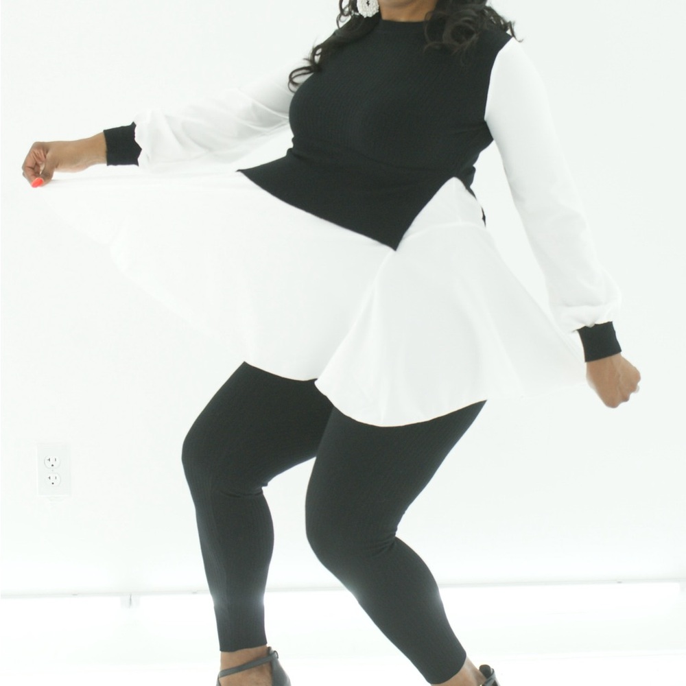 Black and White Peplum Top and Leggings Set